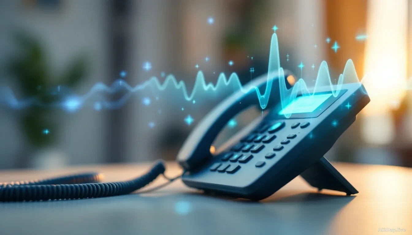A close-up of a modern office telephone handset resting on a desk, with soft warm light and abstract blue-green waveform visualisations floating gently above it