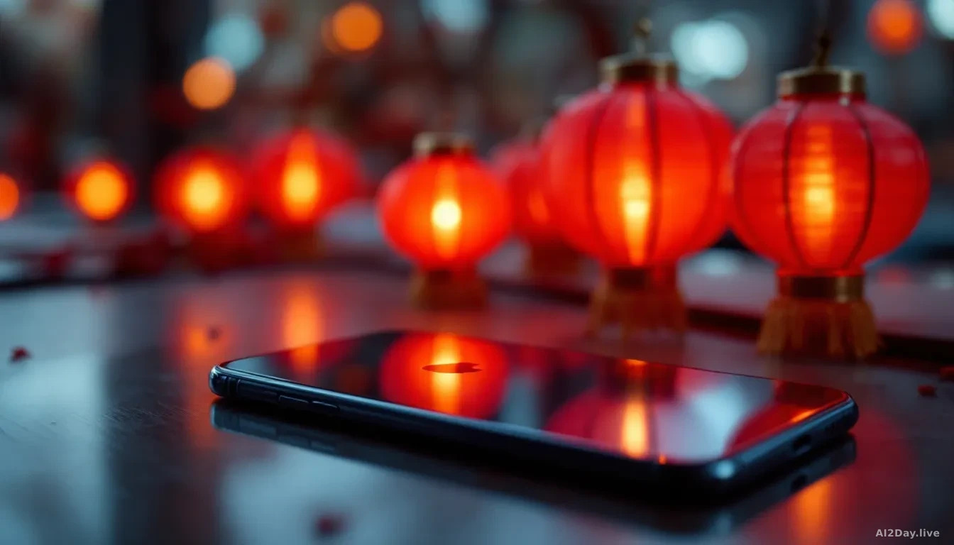 Photoreal news-editorial 16:9 image of a gleaming Apple iPhone resting on a polished surface beside a subtle arrangement of red lanterns softly out of focus in