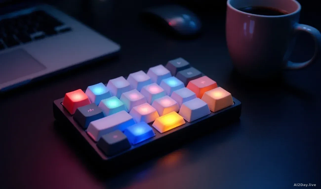 A small square mechanical keyboard with six frosted semi-transparent keys glowing in distinct colours including blue, green and amber, sitting on a clean dark d