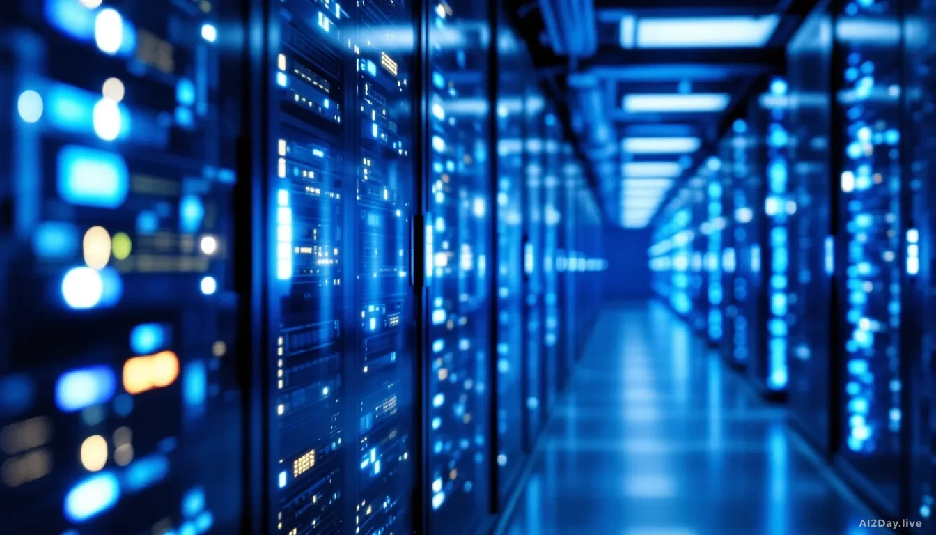 Photoreal news-editorial 16:9 image of a server room corridor with rows of glowing rack-mounted computers, cool blue and white lighting, shallow depth of field 