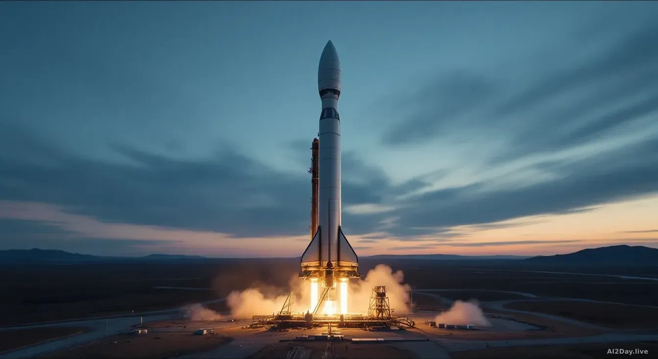A large silver rocket standing on a launch pad at dusk, surrounded by steam venting from the base, vast open sky behind it, photoreal news-editorial style, 16:9