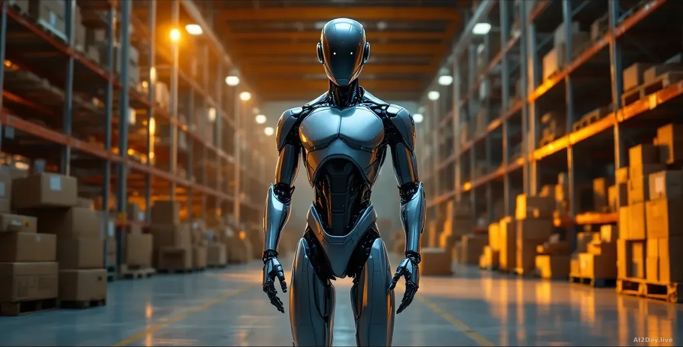 A sleek silver humanoid robot standing upright on a large warehouse floor lined with metal shelving and cardboard boxes, warm industrial overhead lighting casti