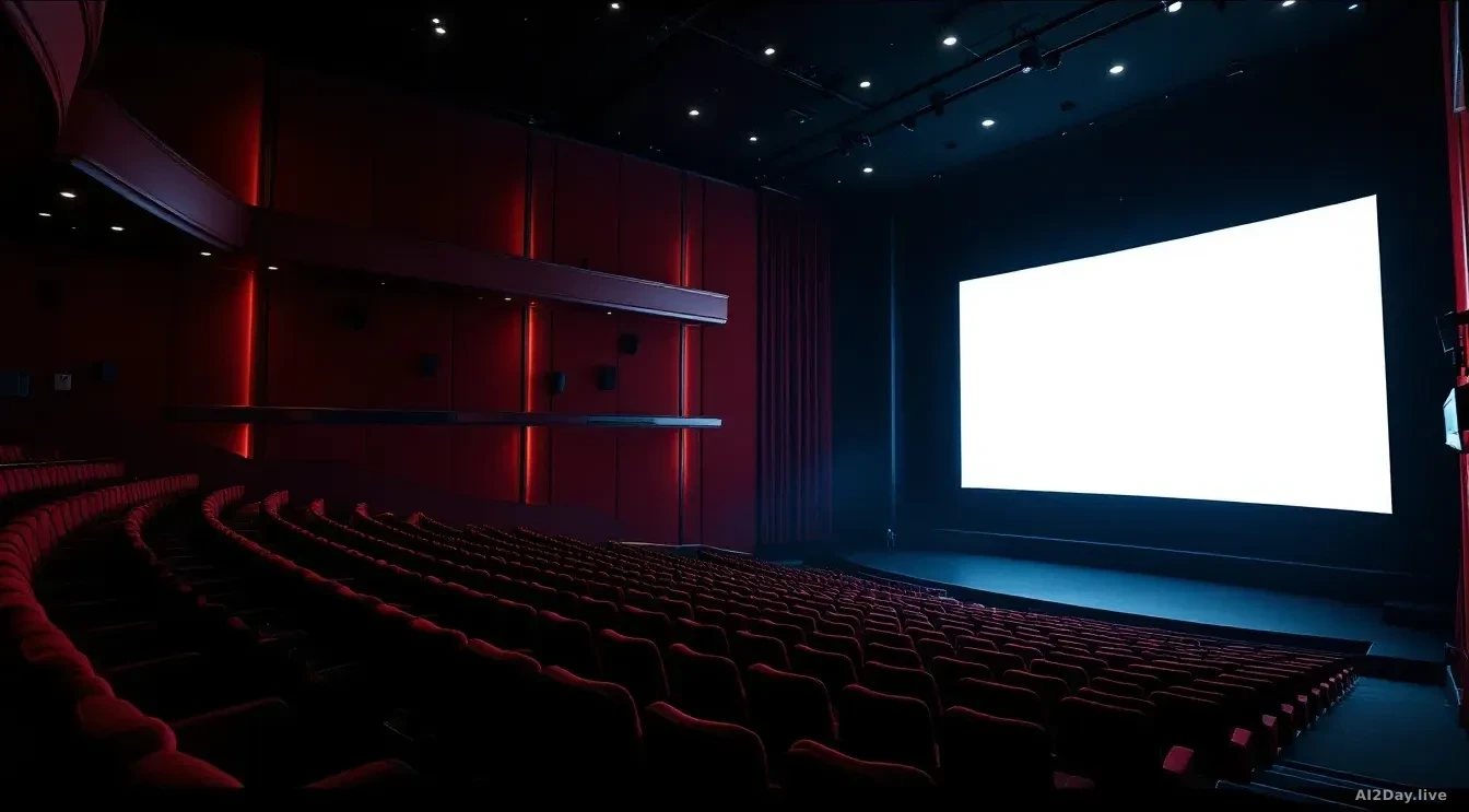 A large empty movie theater with red velvet seats seen from the back of the auditorium, the blank white screen glowing faintly at the front, shot in photoreal n