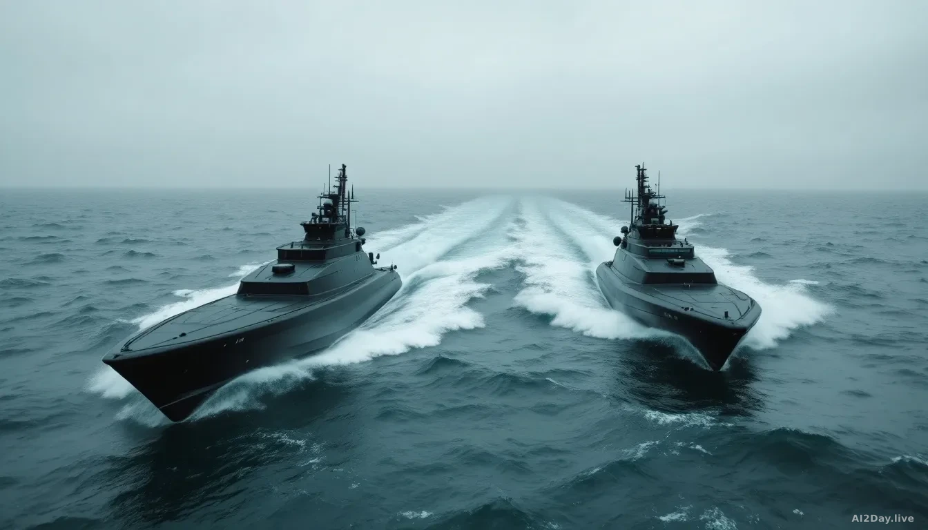 Two sleek matte-black unmanned patrol boats moving across a grey-green North Sea, photographed from a low aerial angle, choppy waves, overcast sky, no people vi