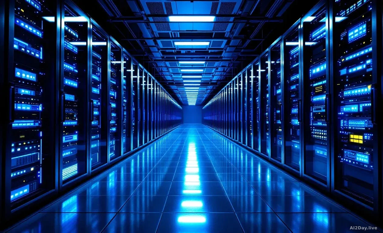 A vast server room filled with rows of illuminated blue and white rack-mounted computers stretching into the distance, cool dramatic lighting reflecting off pol