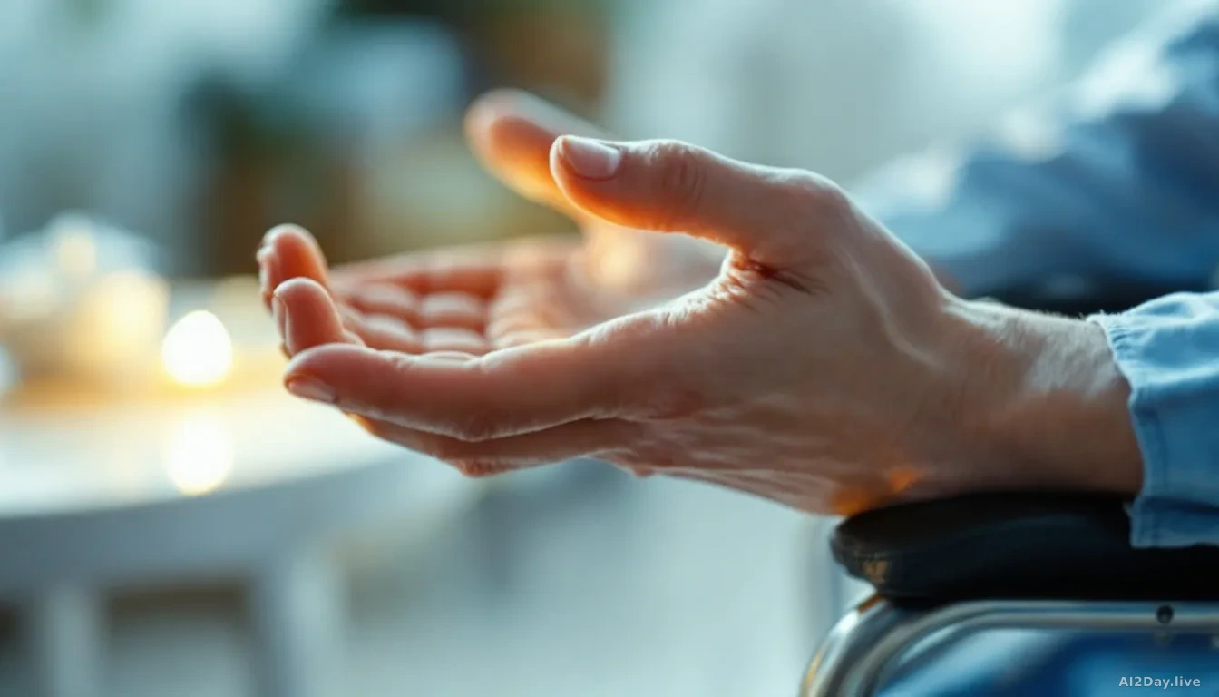 A close-up, photoreal, news-editorial style 16:9 image of a human hand resting open on the arm of a wheelchair, soft warm indoor light falling across the finger