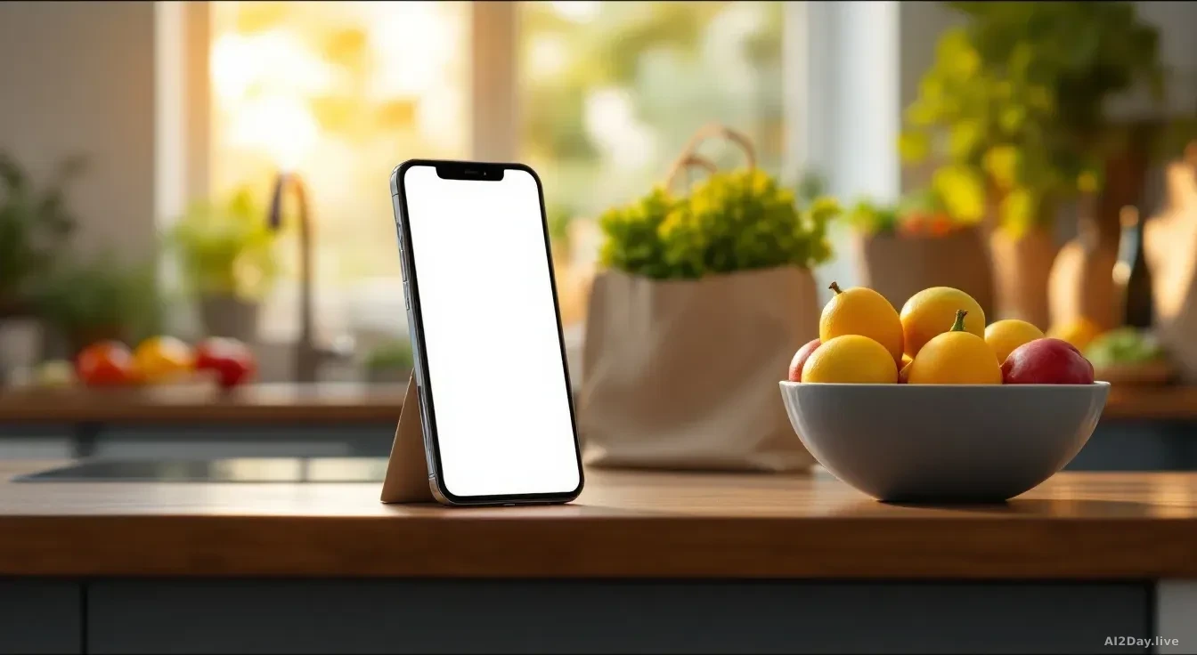 Photoreal editorial shot of a kitchen counter at golden hour with a smartphone propped against a fruit bowl, screen glowing with a generic clean chat interface,