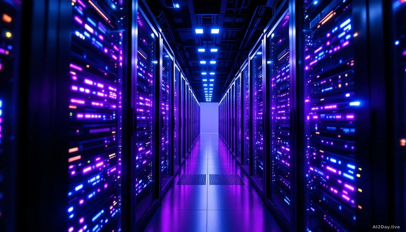 A dense grid of glowing GPU server racks inside a dark data centre, cool blue and violet light reflecting off metallic surfaces, photorealistic editorial photog