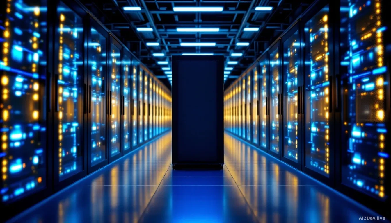 Photoreal news-editorial 16:9 image of a large glowing data centre server room at night, rows of illuminated blue and white server racks receding into the dista