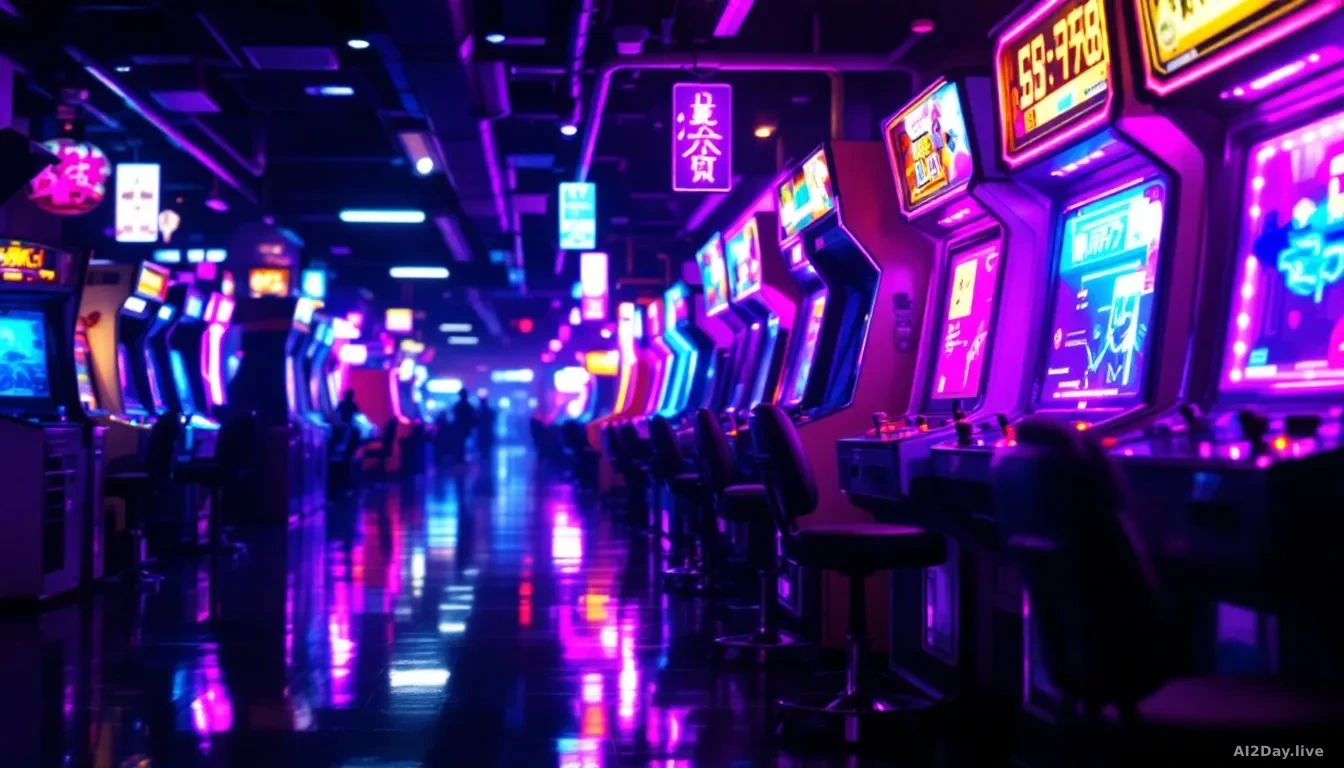 Photoreal news-editorial photograph, 16:9 framing, a glowing arcade cabinet in a dimly lit Tokyo game centre at night, neon light reflections on polished floors