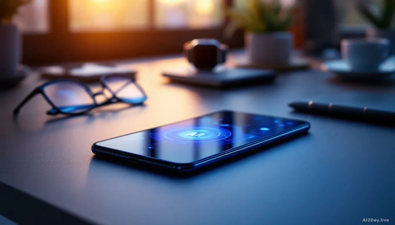 Full-frame photoreal editorial shot of a folding smartphone half-open on a matte desk, glowing soft blue AI interface reflected on the inner screen, a smartwatc