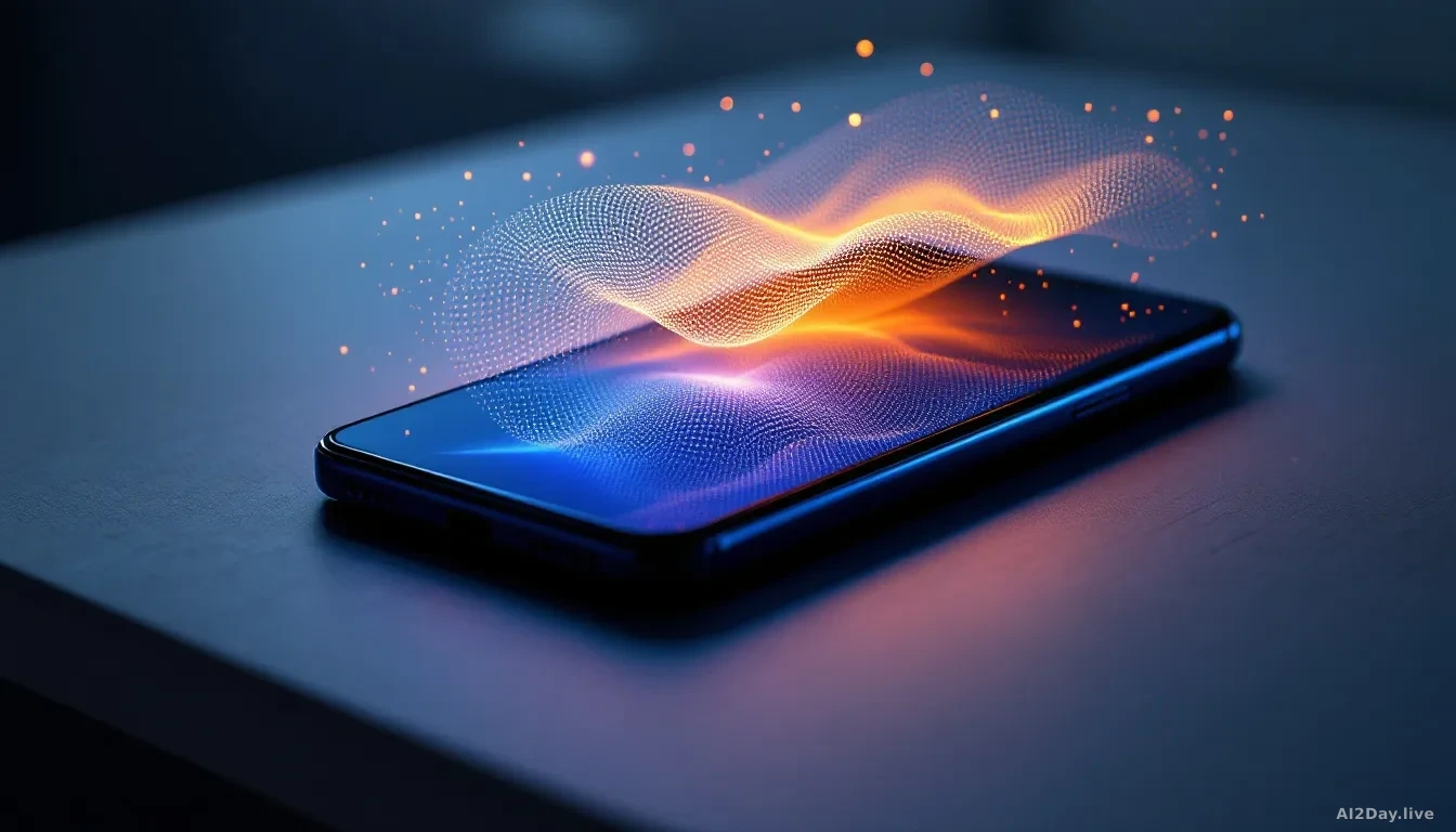 Full-frame edge-to-edge photoreal editorial shot of a modern smartphone lying flat on a matte grey desk, front camera glowing softly, with a faint abstract mesh